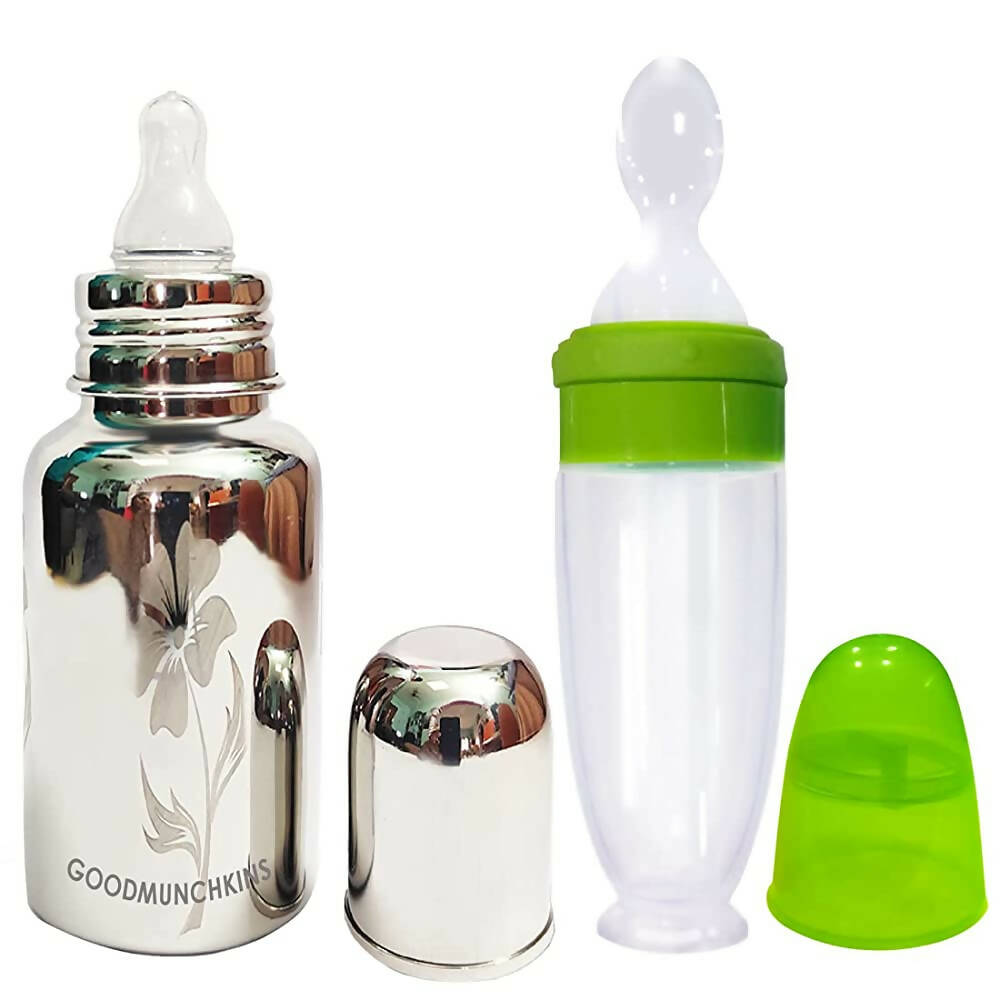 Goodmunchkins Stainless Steel Feeding Bottle With Spoon Food Feeder for Baby Anti Colic Silicon Nipple Feeder 300 ml Combo Pack-Green | Grocsy