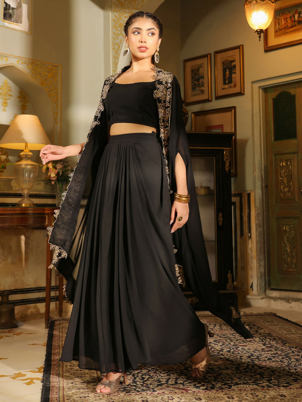 Janasya Black Georgette Solid Top Bottom Cape | Grocsy