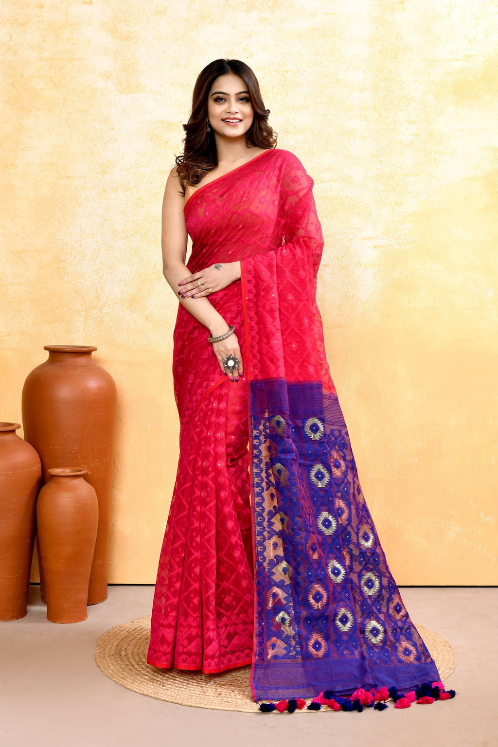 Piyari Fashion Women's Rani Pink Embellished Cotton Blend Jamdani Saree | Grocsy