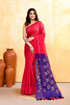 Piyari Fashion Women's Rani Pink Embellished Cotton Blend Jamdani Saree | Grocsy