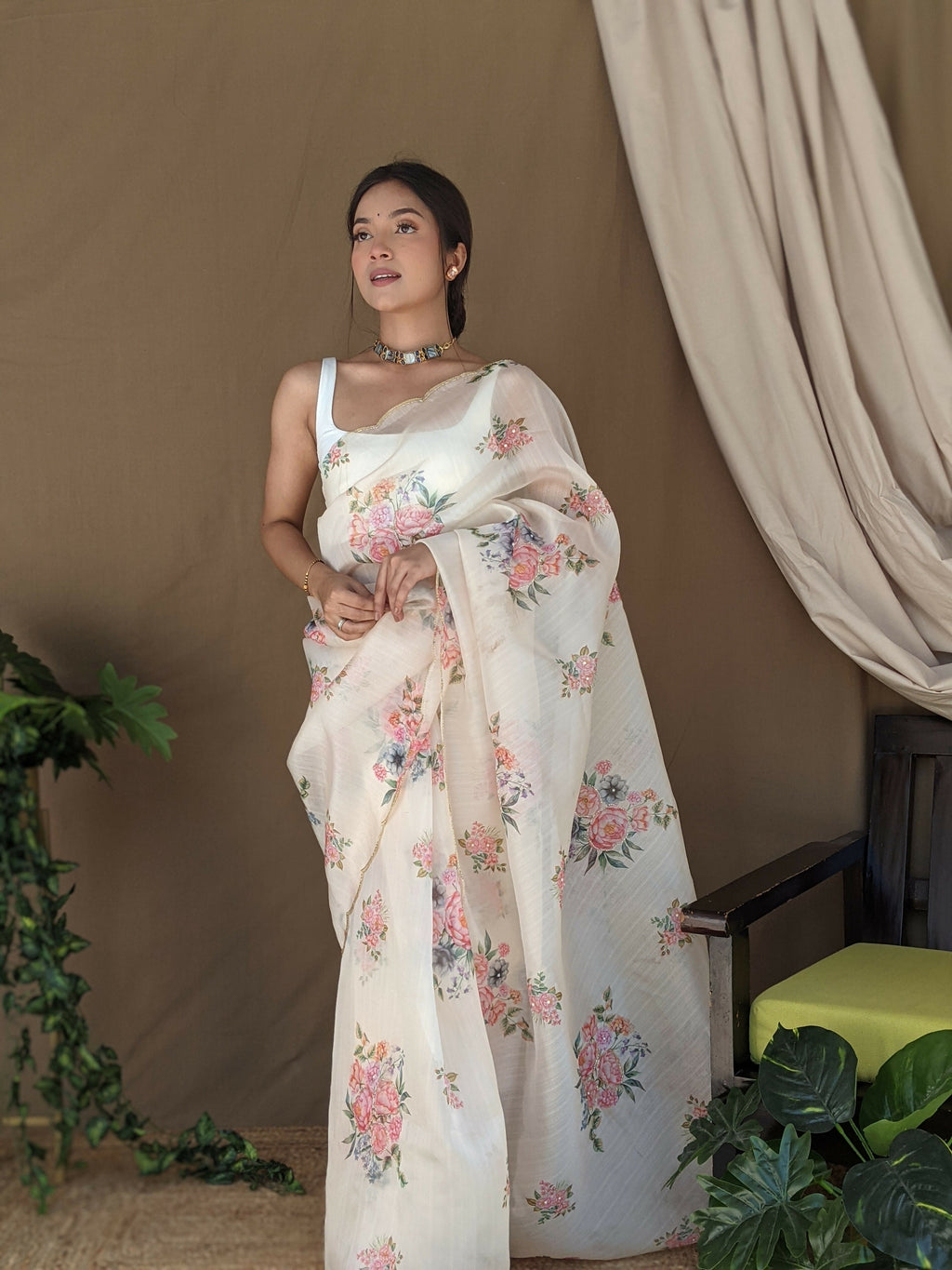 Vamsee Khadi Khatali Cream Khadi Organza Saree | Grocsy