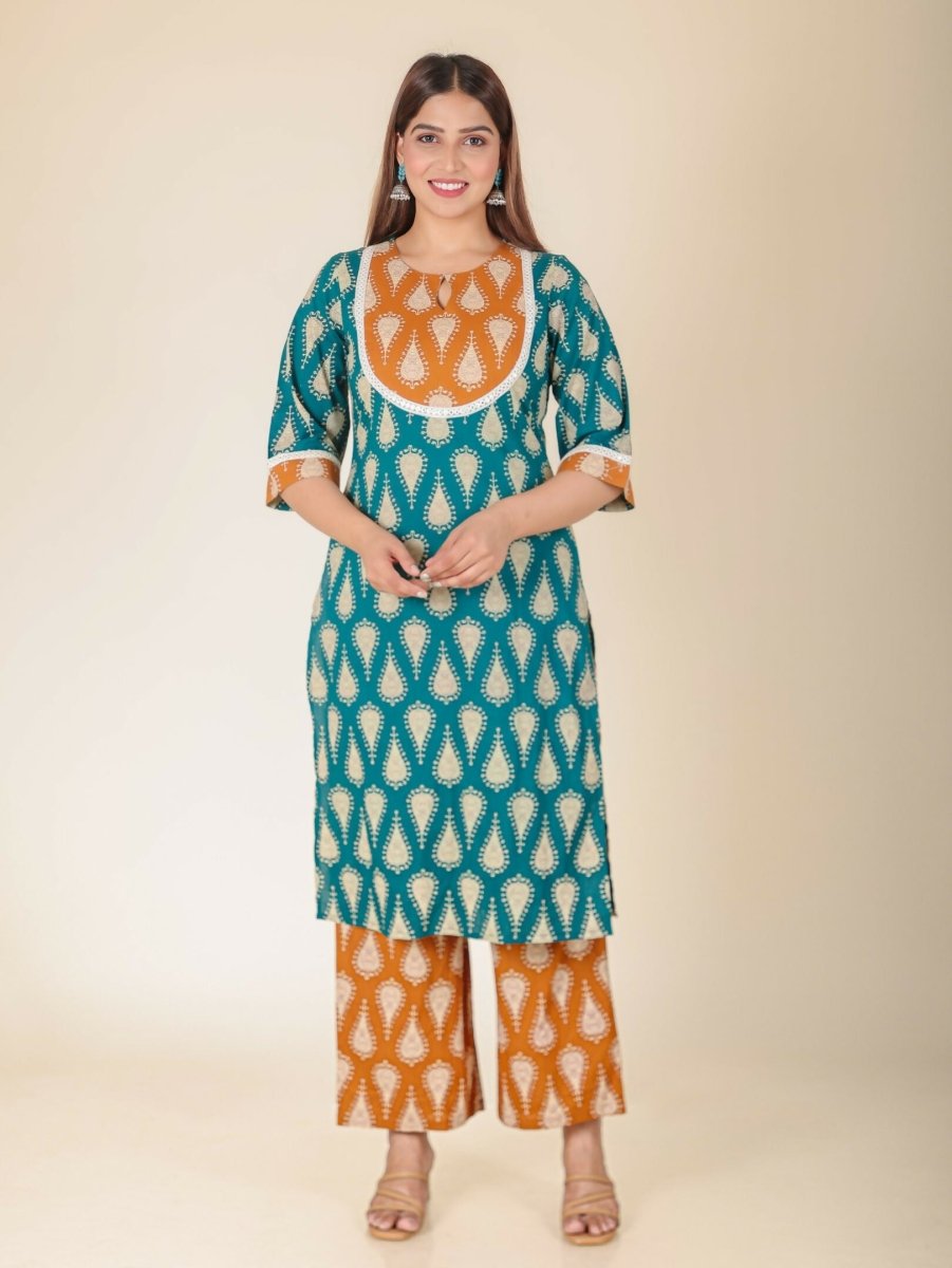 Aramya Turquoise Soft Cotton Floral Print Straight Kurta Set for Women | Grocsy