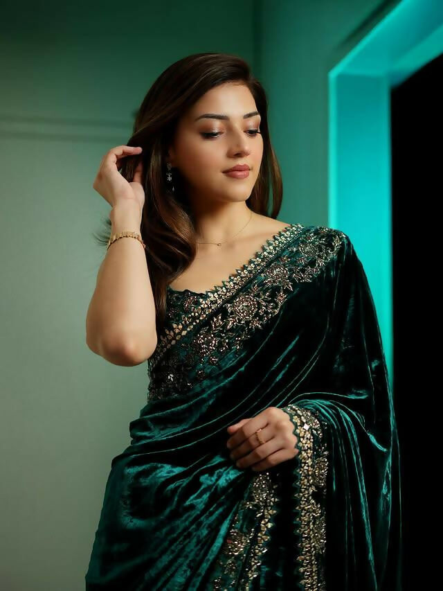 Joban Fashion Green Viscose Velvet Party Wear Sarees | Grocsy