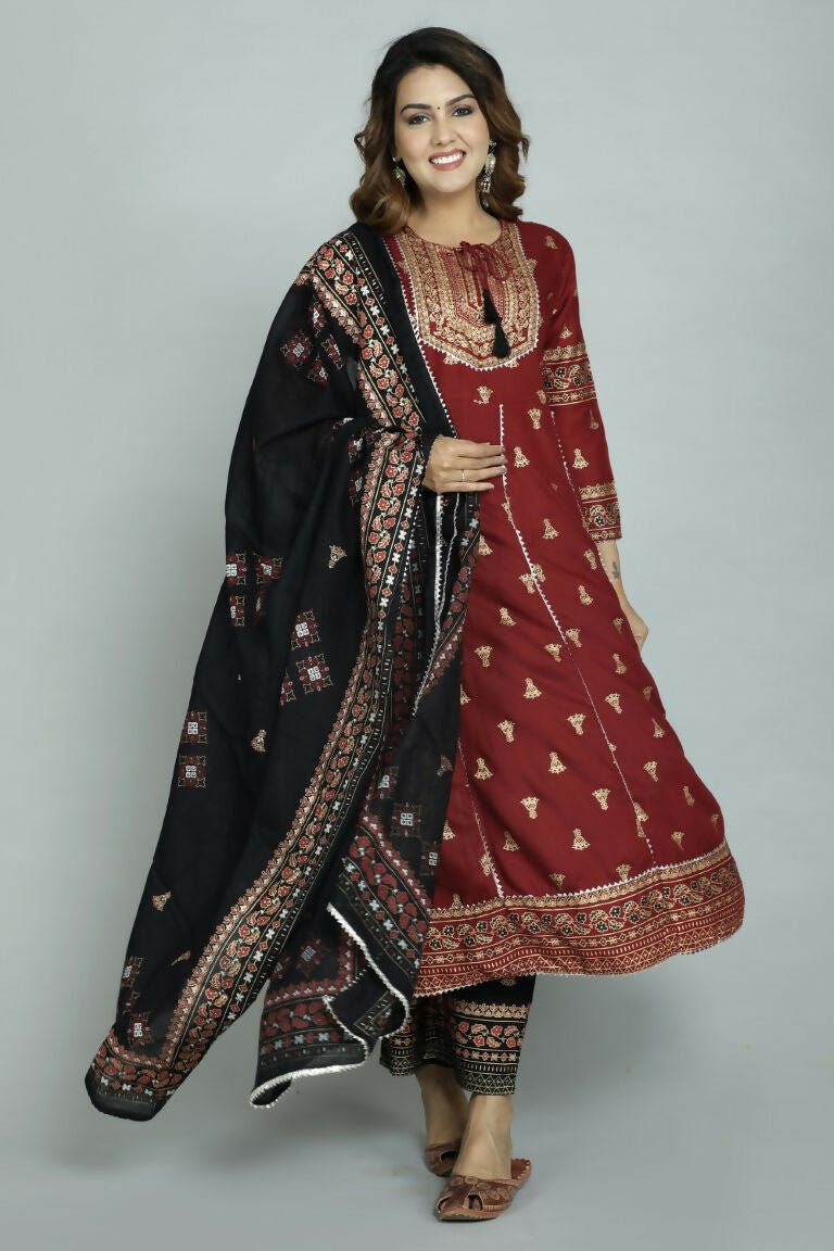Alvano Women's Stylish Anarkali Kurti with Pant and Dupatta for Women and Girls (Maroon) | Grocsy