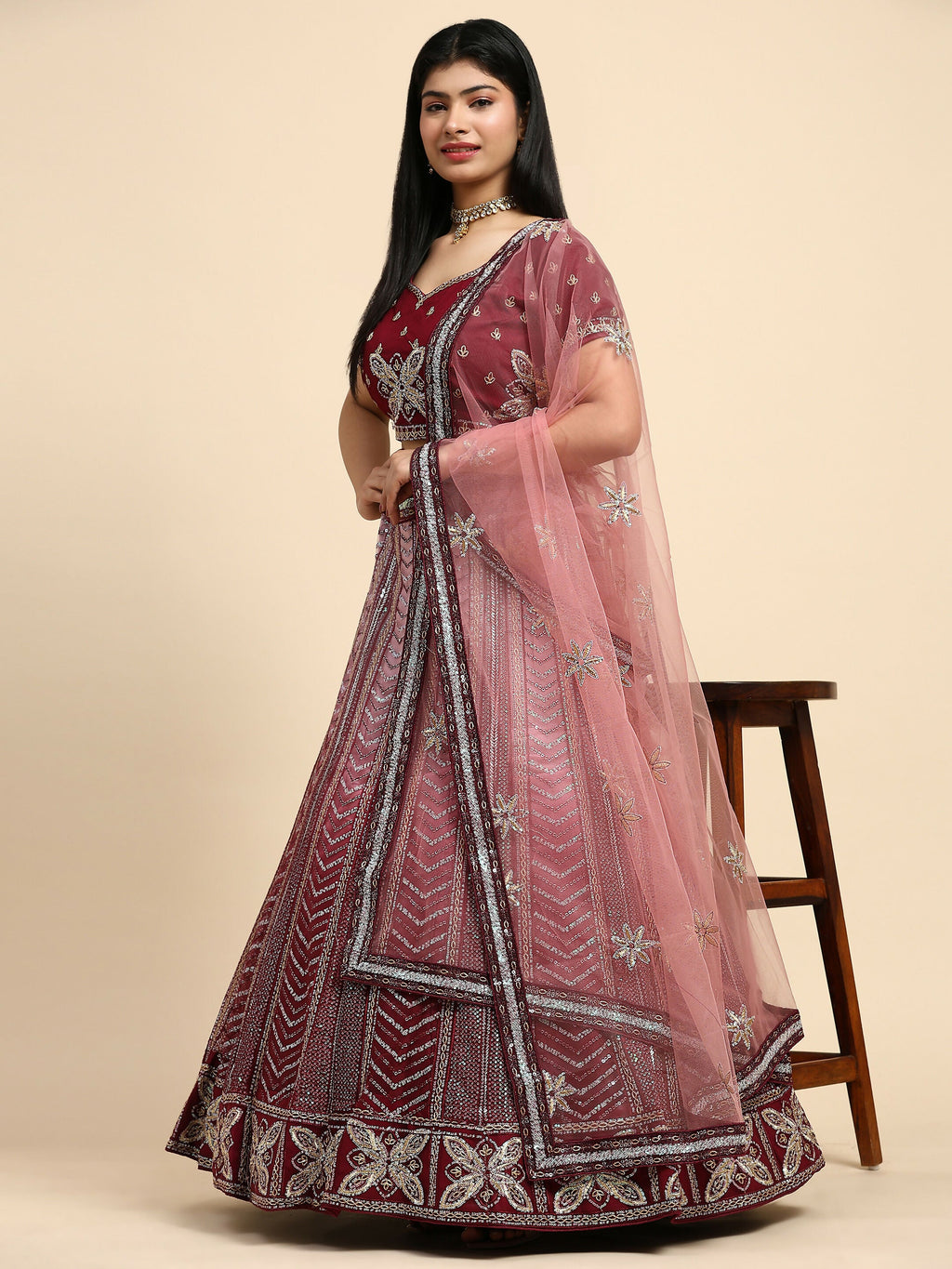 Maroon Fancy Net Sequence Embroidered Lehenga Choli with Dupatta - Dhara | Grocsy