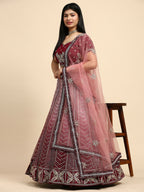 Maroon Fancy Net Sequence Embroidered Lehenga Choli with Dupatta - Dhara | Grocsy