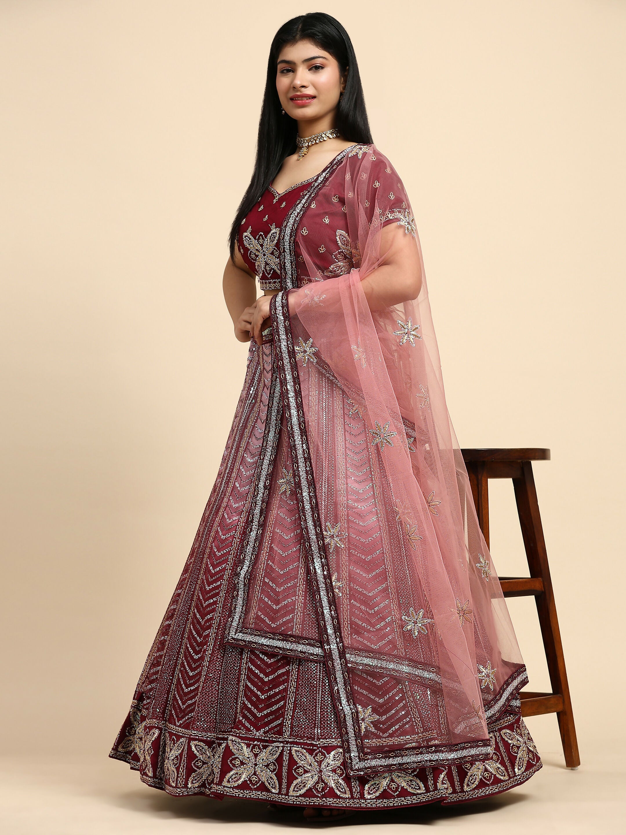 Maroon Fancy Net Sequence Embroidered Lehenga Choli with Dupatta - Dhara | Grocsy