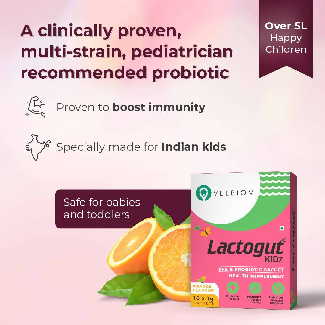Velbiom Lactogut Kidz Probiotics Powder Sachets - Orange Flavor | Grocsy