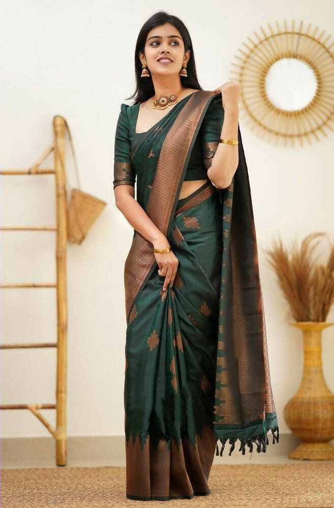 DEIANA'S Beautiful Designer Golden zari Soft Lichi Silk Saree - Green | Grocsy