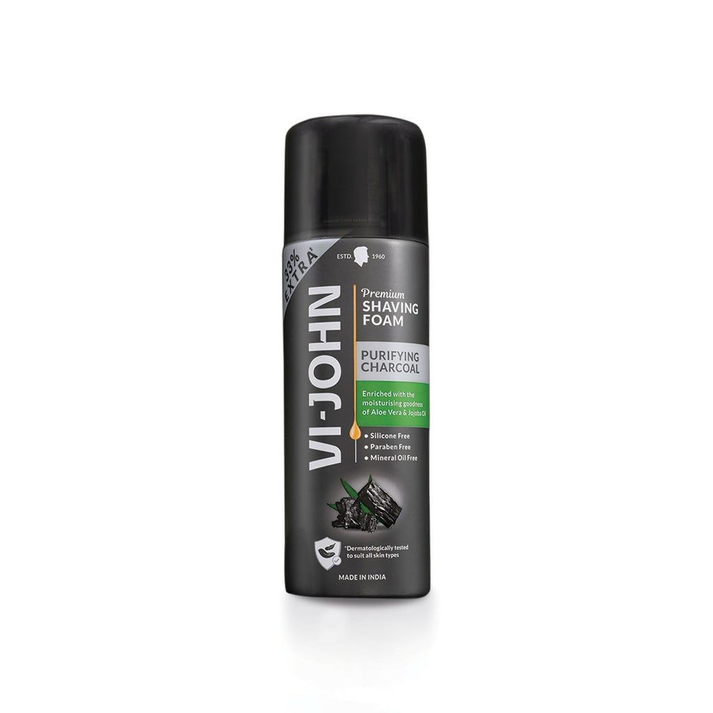 VI-JOHN Dermatologically Tested Premium Purifying Charcoal Shaving Foam Enriched with Aloevera & Jojoba Oil Free From Silicone, Paraben & Mineral Oil | Grocsy