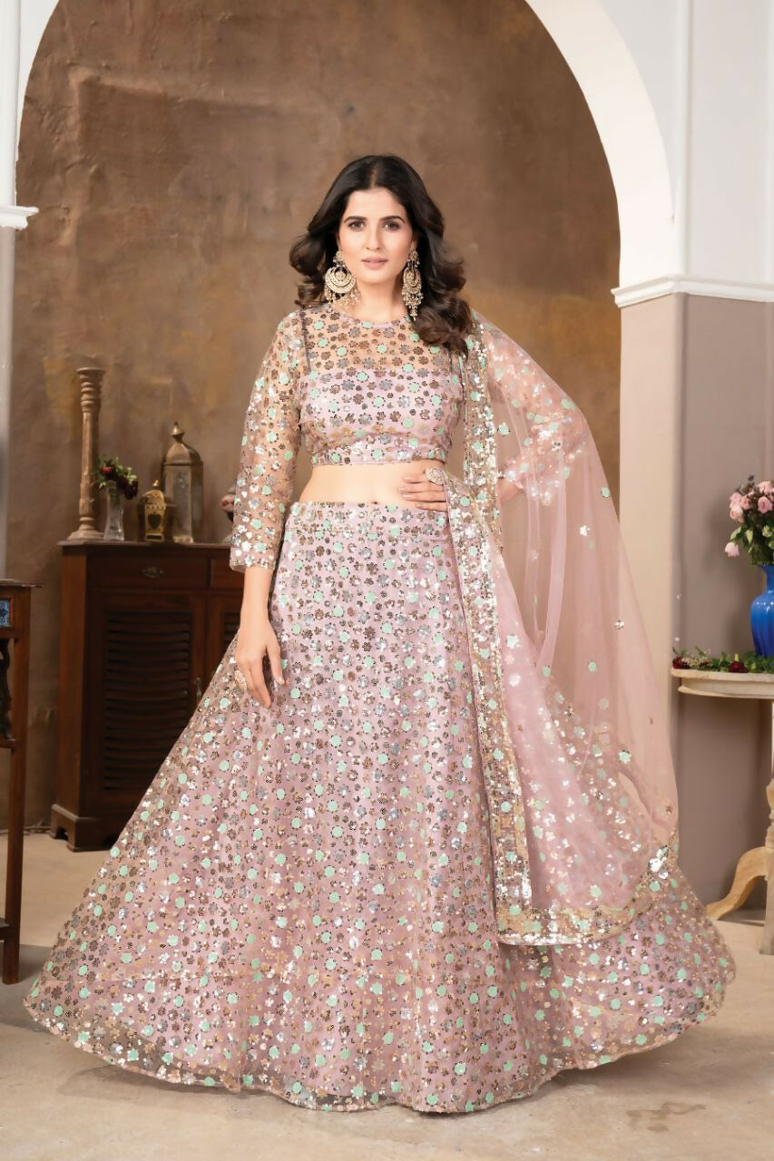 Eilara Light Peach Colour Designer Sequence Work On Net Lehenga Choli | Grocsy