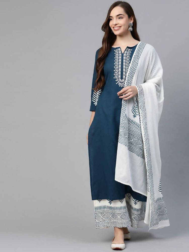 YuftaWomen Navy Blue & White Yoke Design Thread Work Cotton Kurta with Palazzo & Dupatta | Grocsy