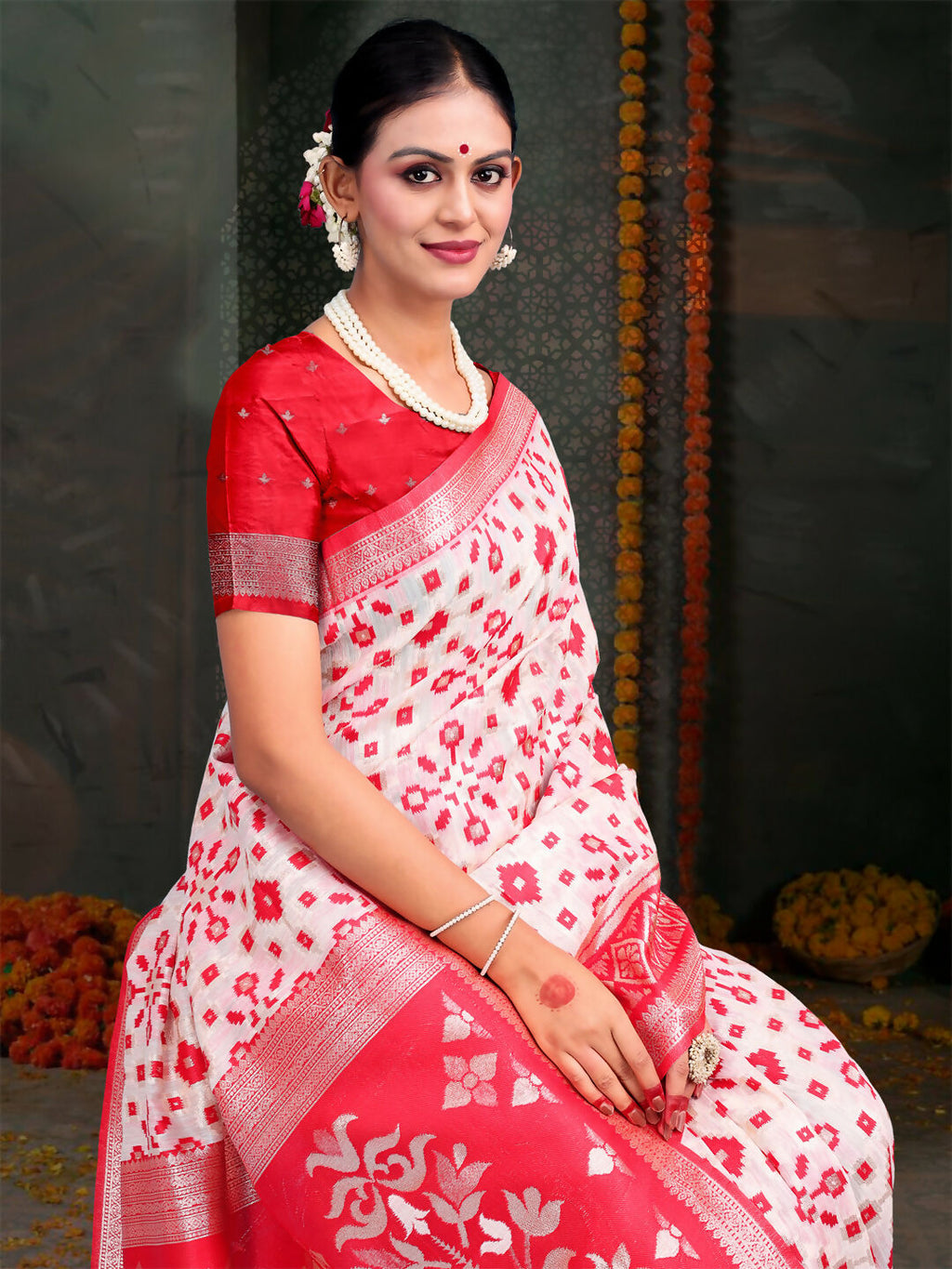 Shree Shyam Fashion Devistuti Red White Linen Cotton Saree | Grocsy
