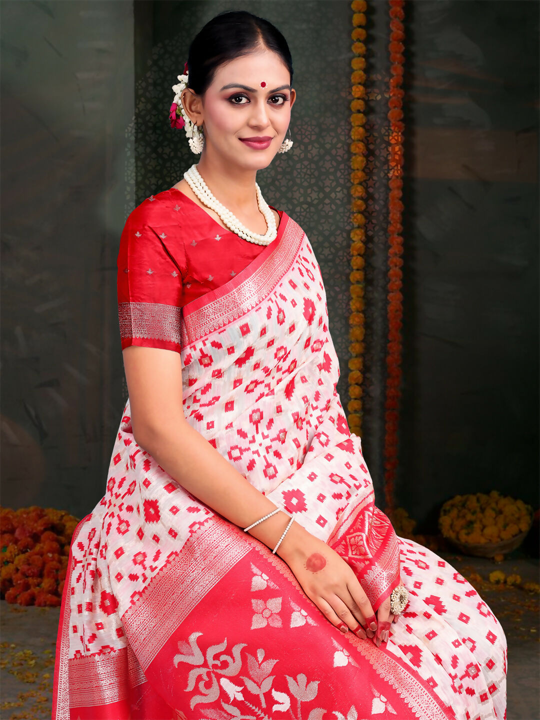 Shree Shyam Fashion Devistuti Red White Linen Cotton Saree | Grocsy