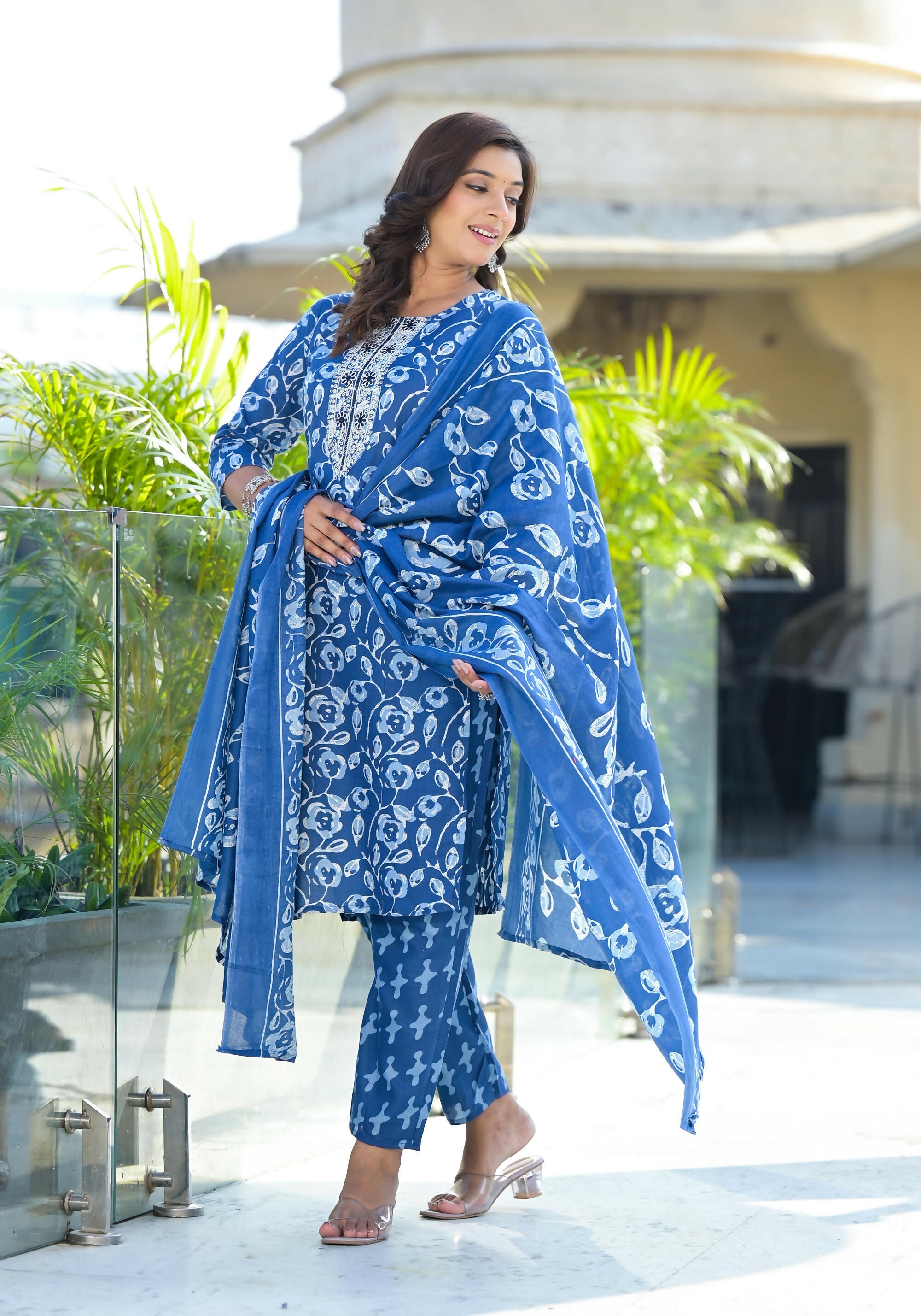 Juniper Women's Blue Floral Printed Cotton Kurta Set With Thread Work & Sequins | Grocsy