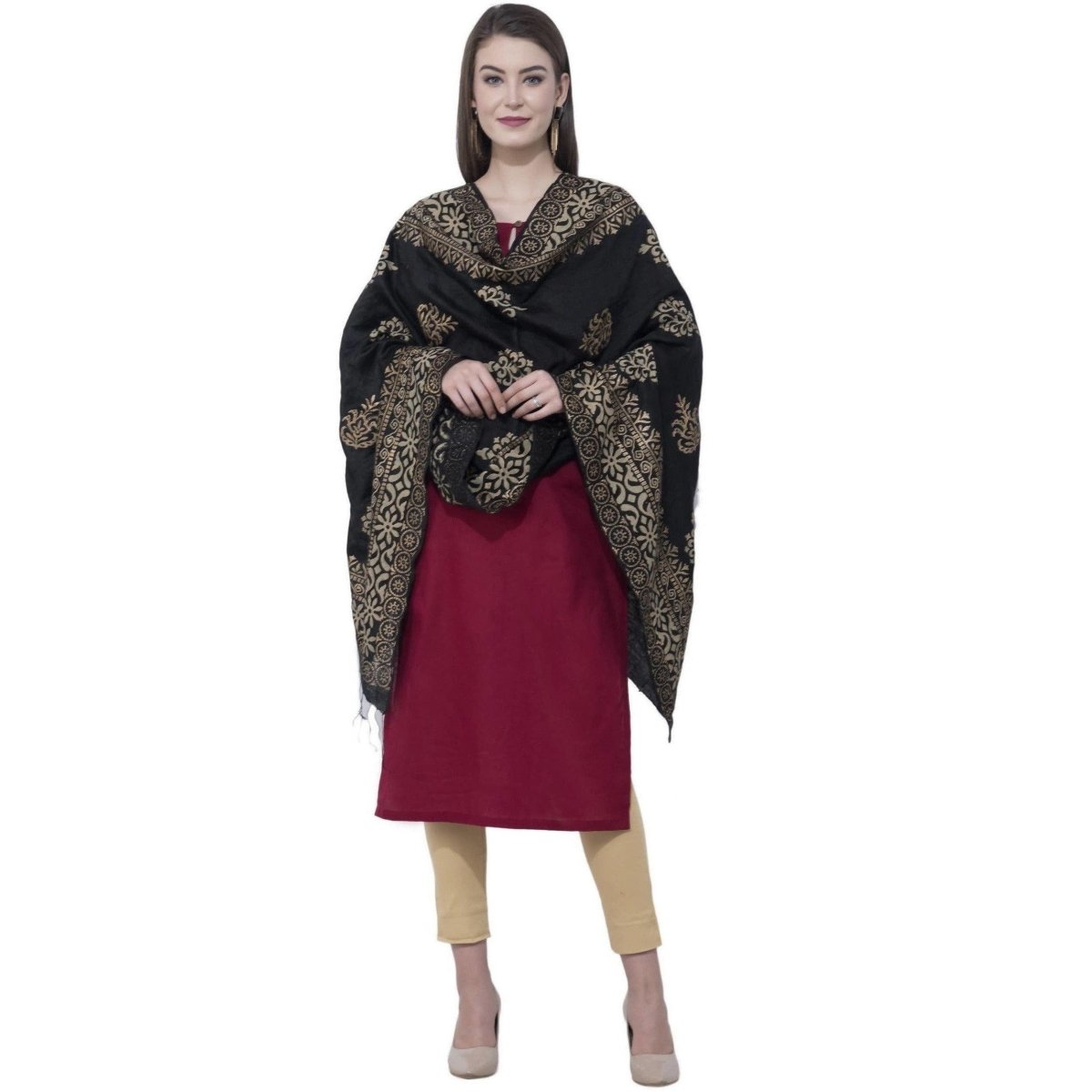 A R Silk Black Color Chanderi Gold Print Dupattas and Chunnis | Grocsy