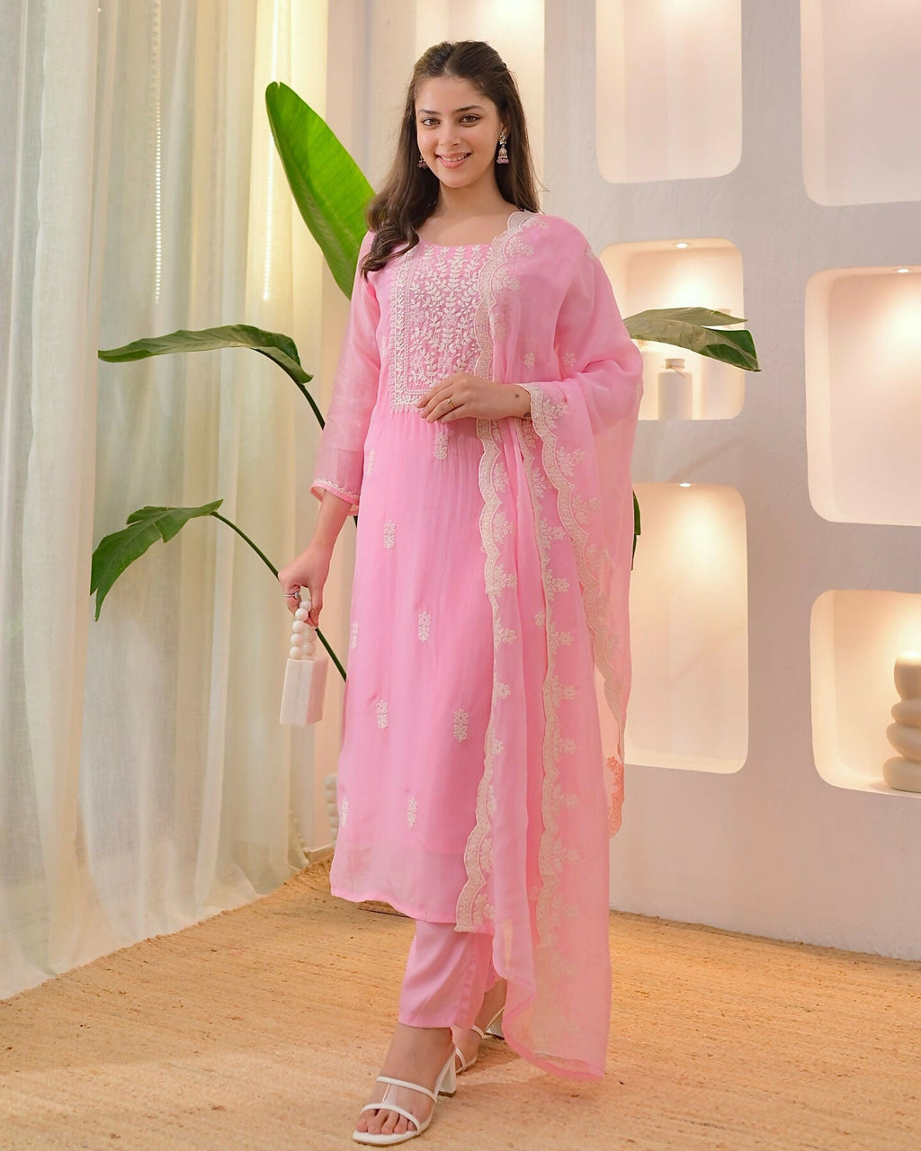 The52 Pink Women's Beautiful Chikankari Work Chanderi Fabric Straight Kurta Pant and Dupatta Set | Grocsy