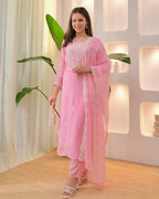 The52 Pink Women's Beautiful Chikankari Work Chanderi Fabric Straight Kurta Pant and Dupatta Set | Grocsy