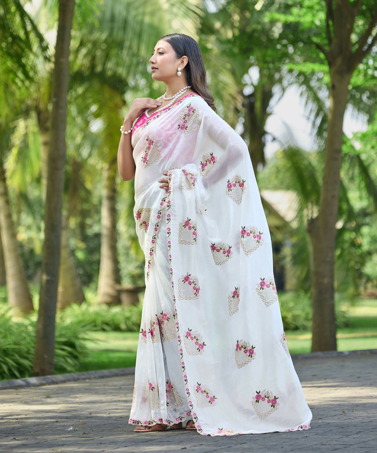 Teeya Creation White Color Pure Paper Silk Heavy Embroidery Work Wedding Wear Saree | Grocsy