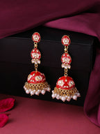 NVR Women Gold-Polished Red Kundan Jhumkas Earrings | Grocsy