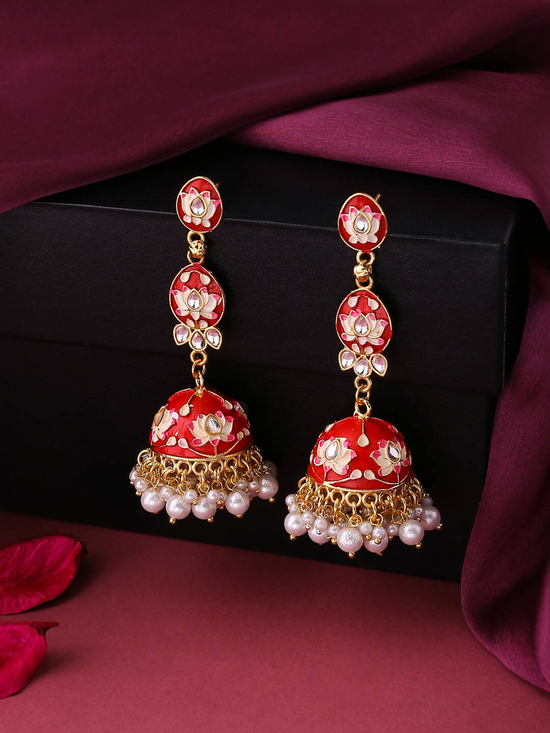 NVR Women Gold-Polished Red Kundan Jhumkas Earrings | Grocsy