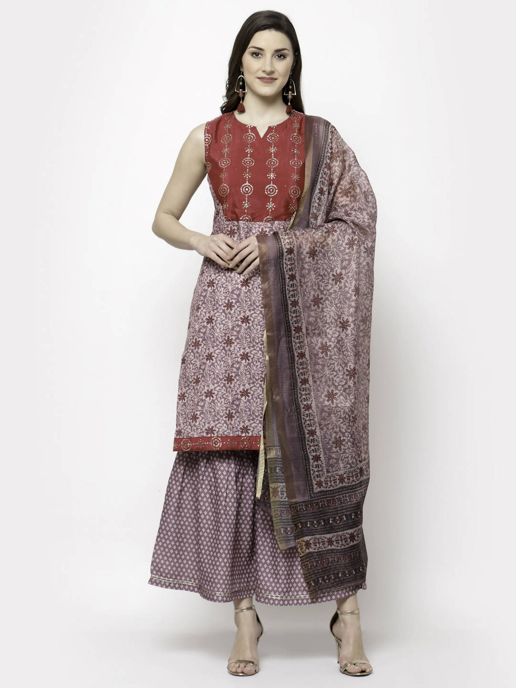Myshka Multicolor Cotton Blend Printed Sleeveless Round Neck Kurta Palazzo Dupatta Set | Grocsy