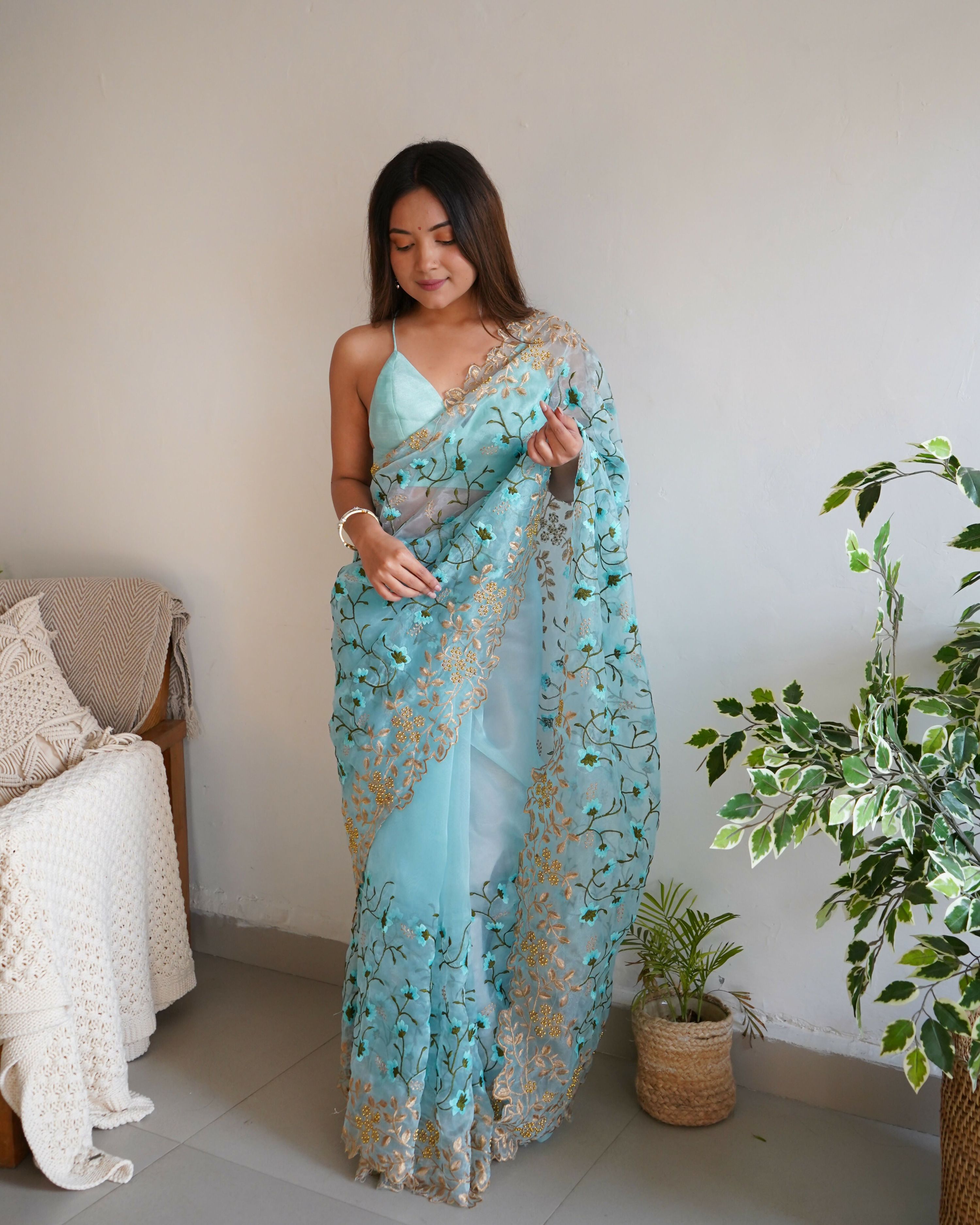 Vamsee Pushpa Sky Organza Saree | Grocsy
