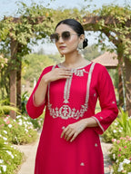 The52 Women's Gorgeous Embroidery Work Viscose Silk Fabric Straight Kurta Palazzo and Dupatta Set-Red | Grocsy