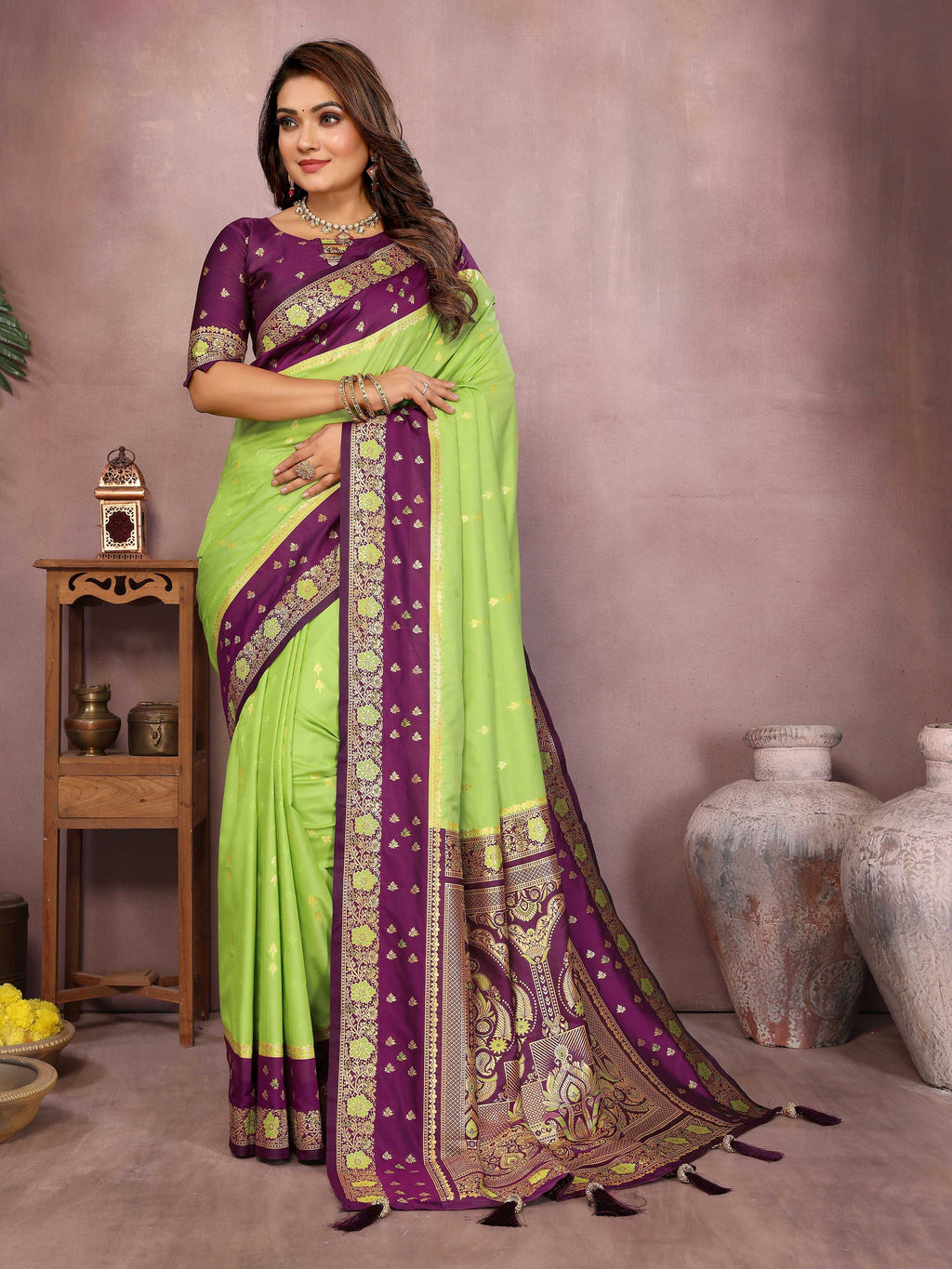 Aastha Fashion Parrot Green Kalamkari Silk Zari Woven Saree | Grocsy