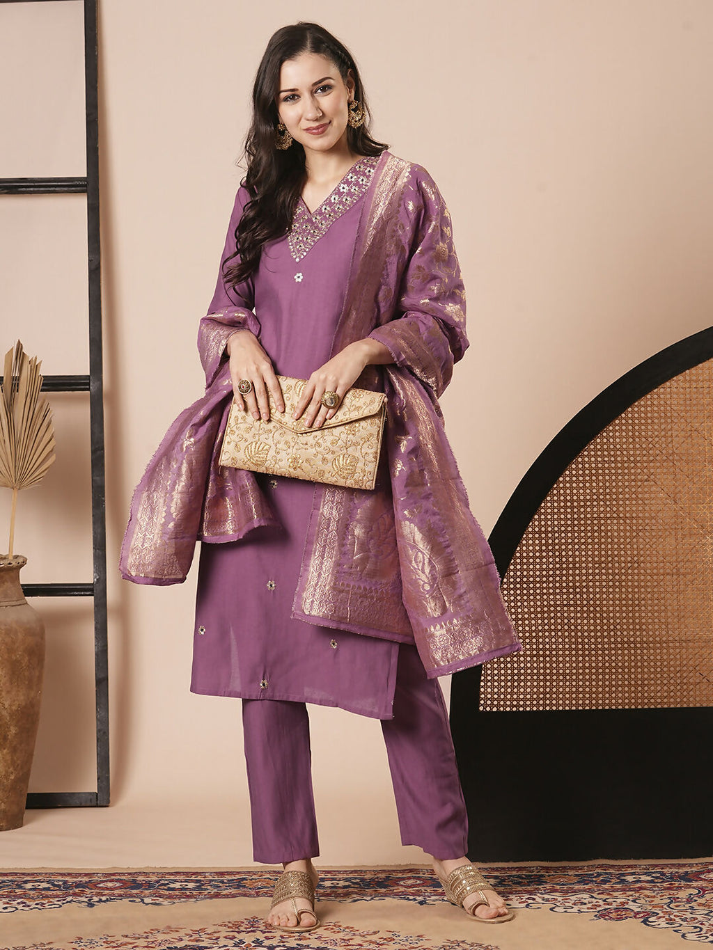 Mouve PV Chanderi Embroidery Work Kurta Set - Riya | Grocsy