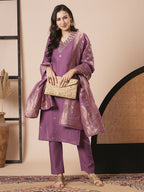 Mouve PV Chanderi Embroidery Work Kurta Set - Riya | Grocsy