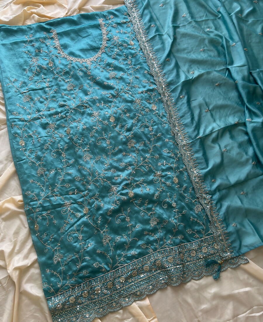 KC Sky Blue Silk Straight Suit For Women Heavy Embroidery Work | Grocsy