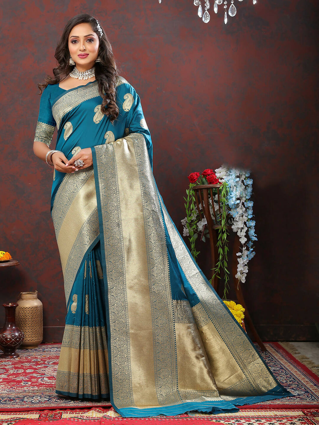 Lorenvalley Fashion Rama Soft Silk Woven Design Gold Zari Weaving Saree | Grocsy