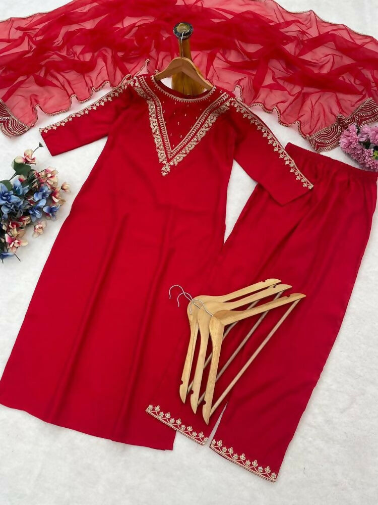 Teeya Creation New Womens Red Straight Cut Kurta Set with Scalloped Embroidered Organza Dupatta Set | Grocsy