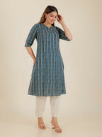 Aramya Blue Soft Cotton Chevron Print A-line Kurta Set for Women | Grocsy