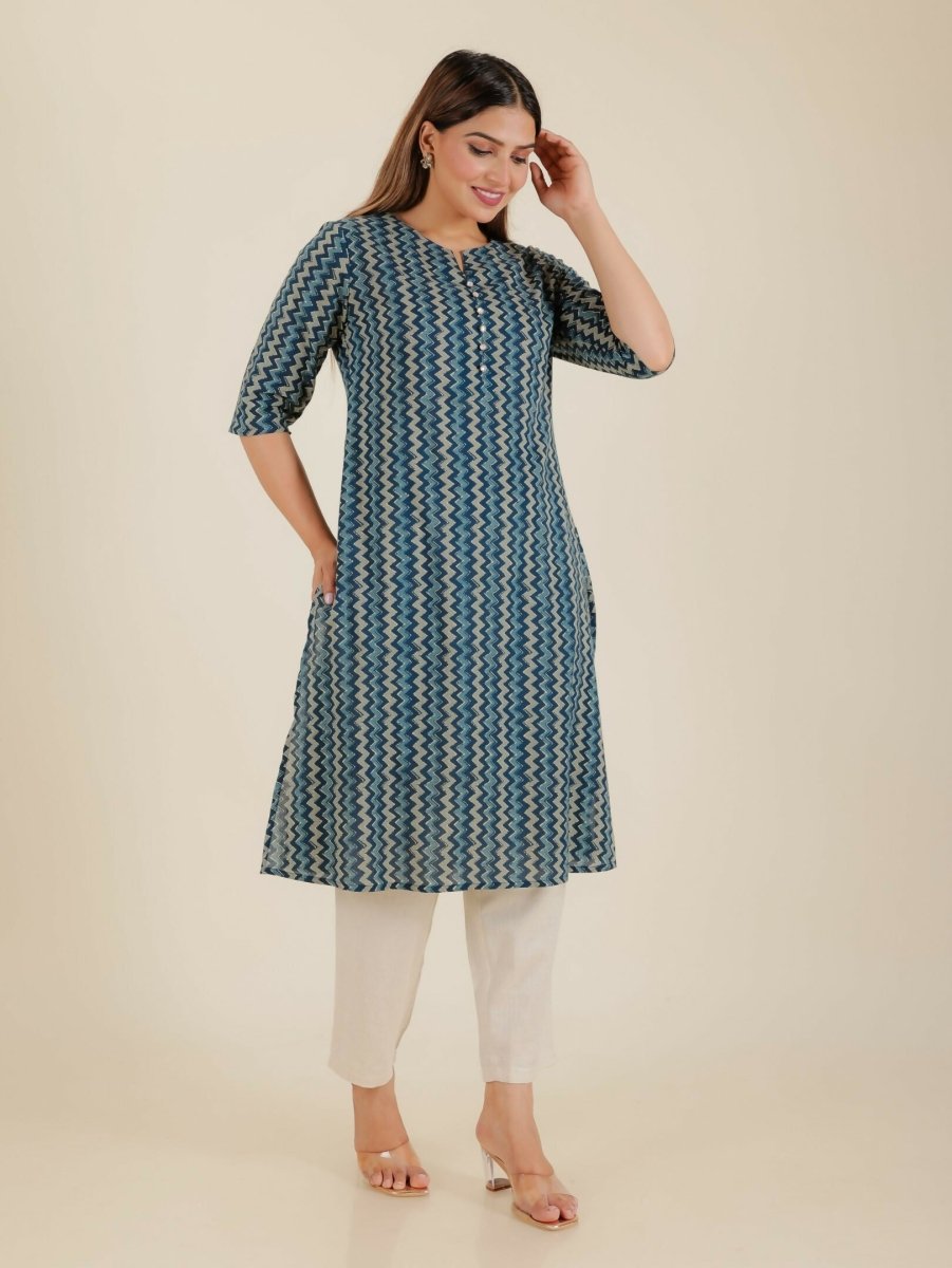 Aramya Blue Soft Cotton Chevron Print A-line Kurta Set for Women | Grocsy