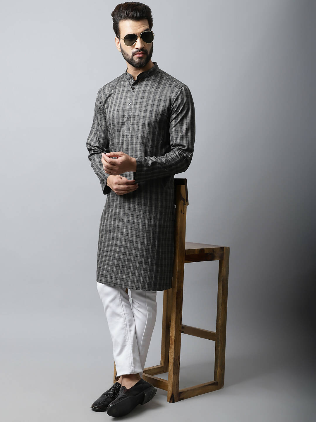 Even Apparels Brown Color Cotton Checked Men's Kurta With Band Collar (CHK1157) | Grocsy