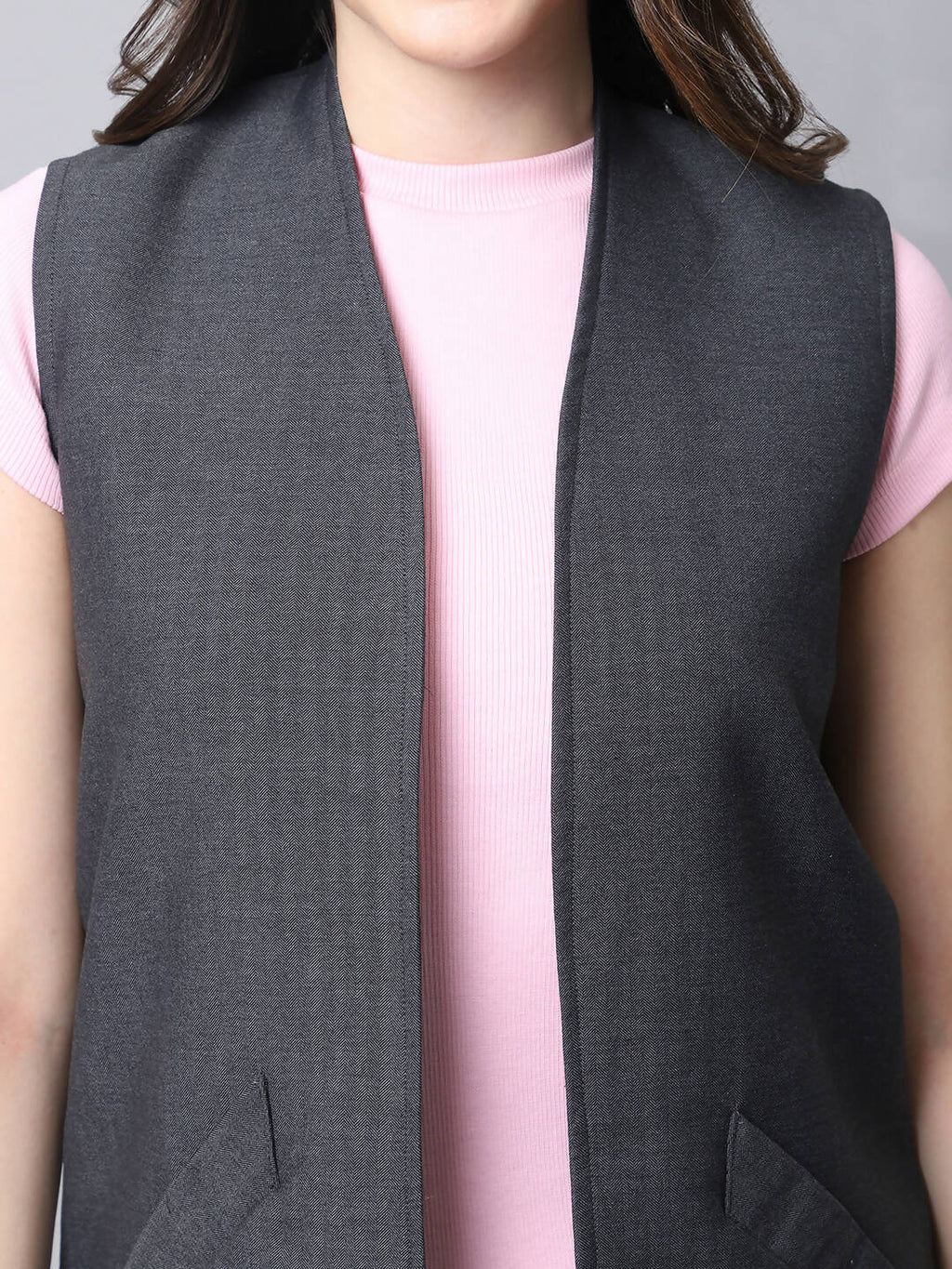 Even Apparels Grey Polywool Open Front Women's Long Coat | Grocsy