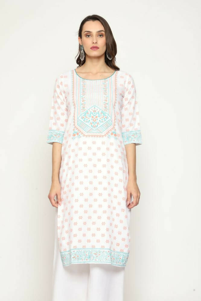 Maai Rayon Hand Printed Kurta Off-White | Grocsy