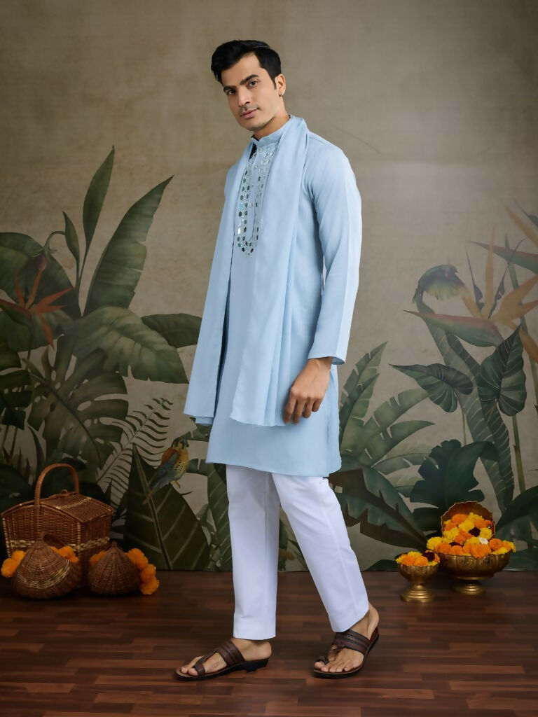 Vastranavya Sky Blue Exclusive Viscose Silk Festival Wear Real Mirror Work Kurta with Dupatta | Grocsy