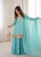 Teeya Creation Sky Blue Color Soft Crunchy Silk Party Wear Designer Sharara set | Grocsy