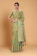 Mustard Soft Organza Woven Design Saree With Unstitched Blouse Piece - Zaara | Grocsy