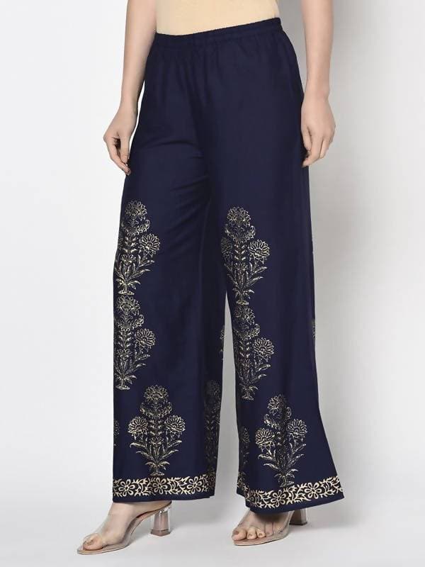 Aniyah Rayon Navy Blue Color Gold Print Flared Slip-On Palazzo (AN-193K) | Grocsy