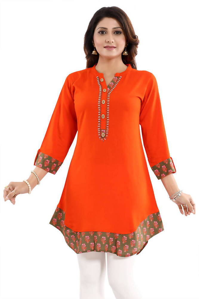 Snehal Creations Rayon Designer Embroidery Orange Tunic | Grocsy