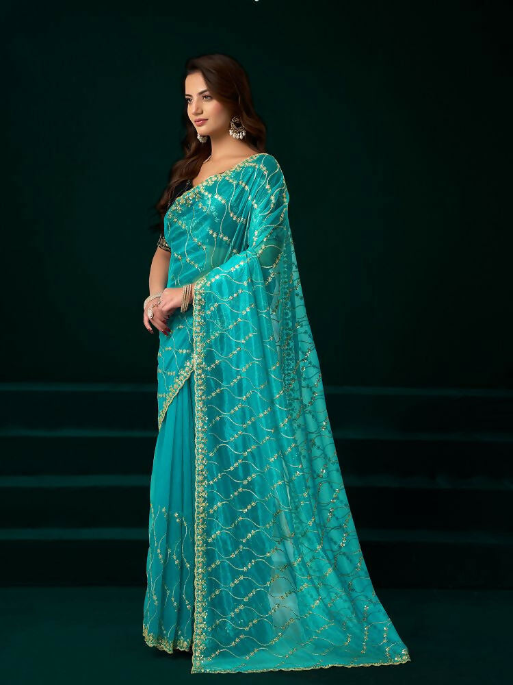 Joban Fashion Turquoise Net Party Wear Sarees | Grocsy