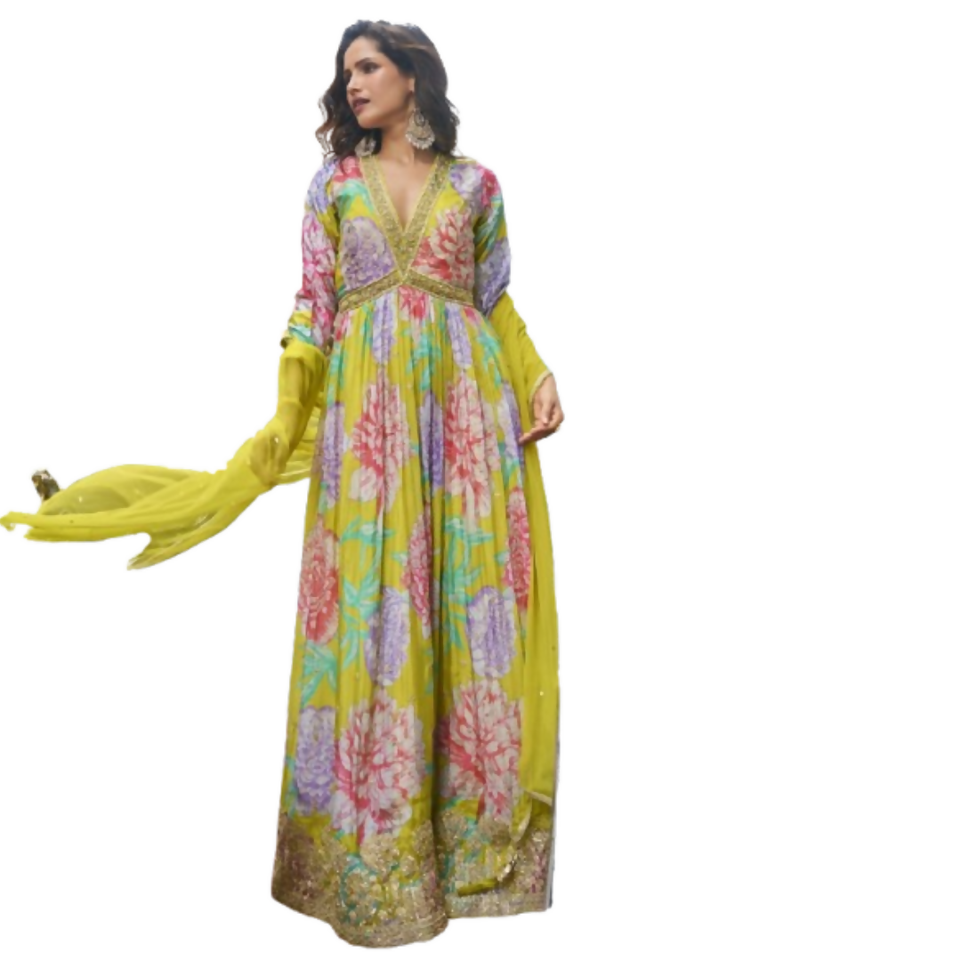 Vegaa Fashion Parrot Green Chinon Silk Embroidered Digital Print Festive Look Gown With Dupatta | Grocsy