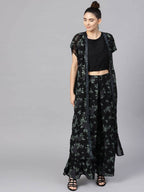 Ahalyaa Black Georgette Crepe Printed Top Palazzo Set With Jacket | Grocsy