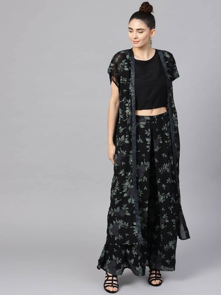 Ahalyaa Black Georgette Crepe Printed Top Palazzo Set With Jacket | Grocsy