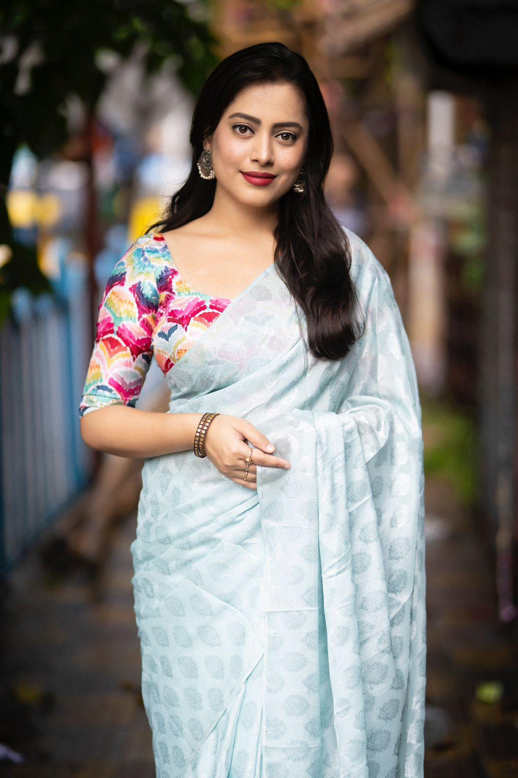 Blue Poly Crepe Ethnic Motifs Saree with Unstitched Blouse - A2M | Grocsy