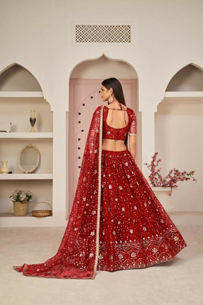 Aastha Fashion Red Butterfly Net All Over Thread Work, Zari Work And Sandwich Sequence Work Embroidery Wedding Wear Lehenga Choli | Grocsy